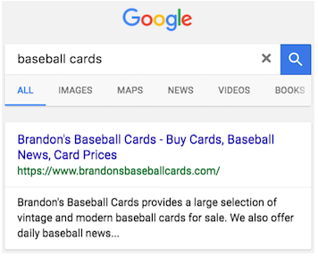 与“baseball cards”相关的纯蓝色链接式搜索结果示例